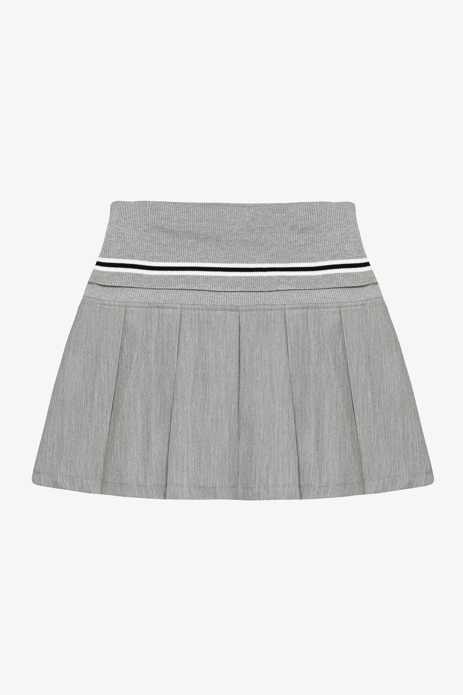 Waist Stripe Patterned Ribbed Pleated Mini Skirt Gray