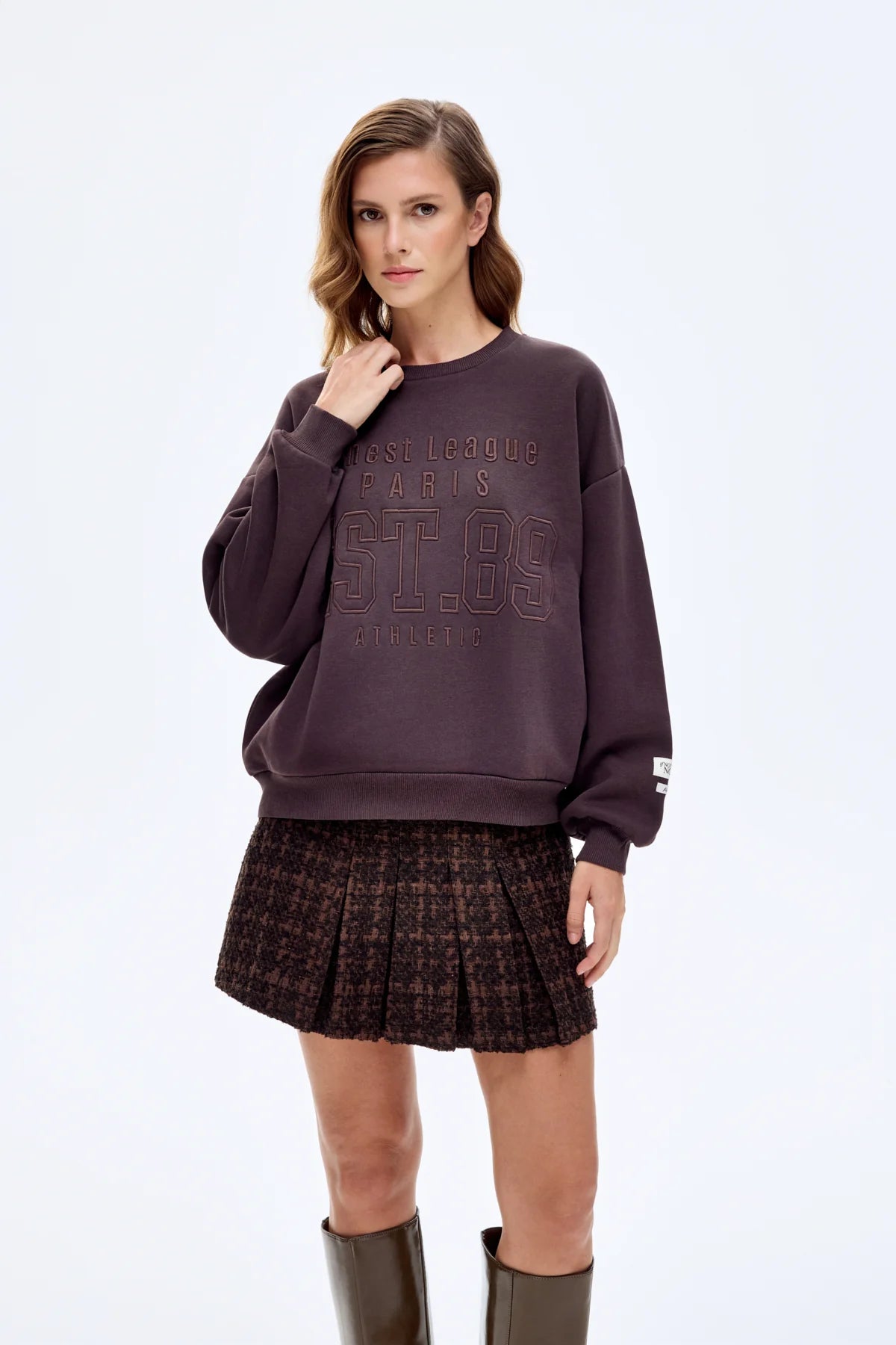 Oversized Sweatshirt with Raised Text Embroidery Brown