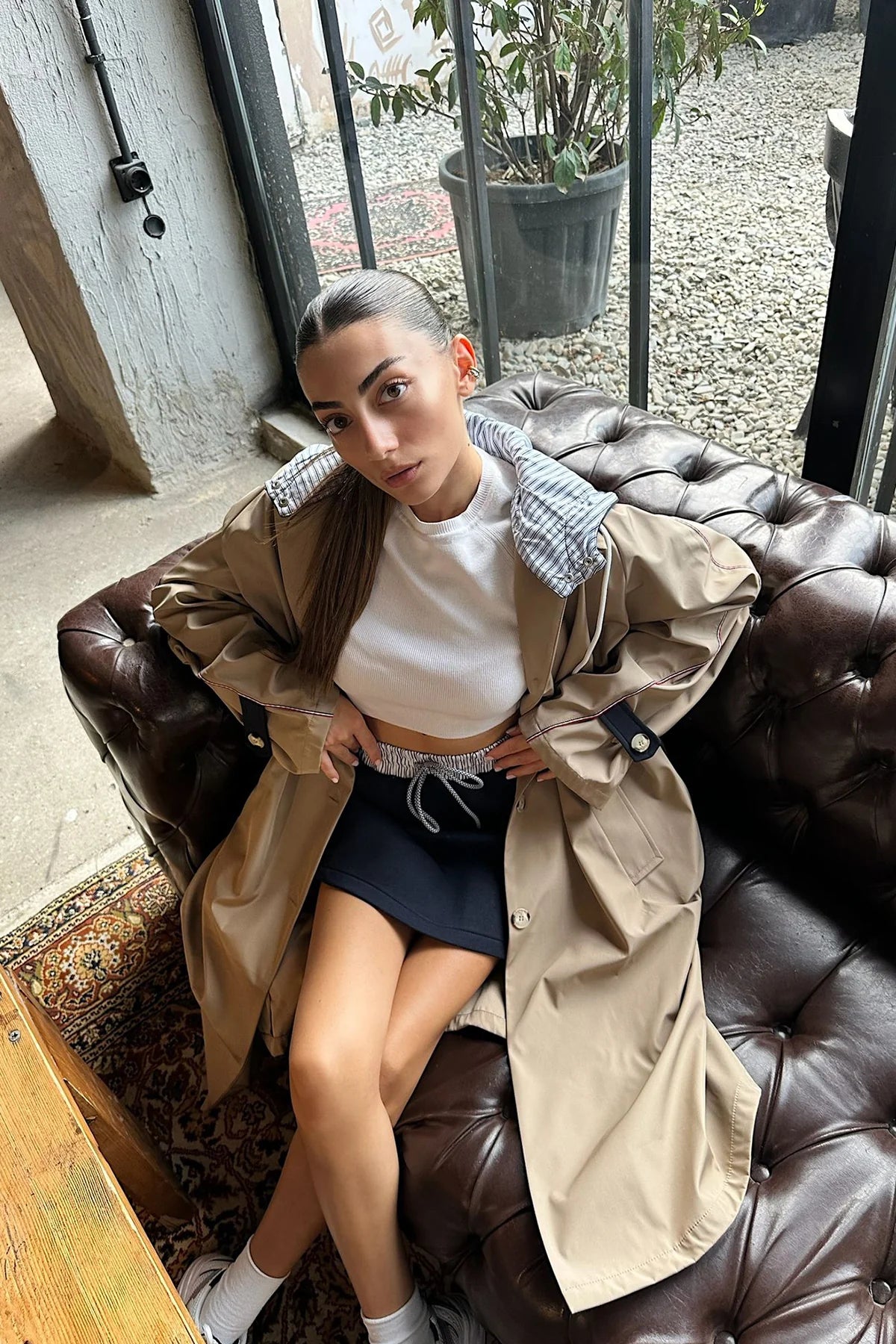 Hooded Contrast Collar Detailed Oversize Trench Coat Camel