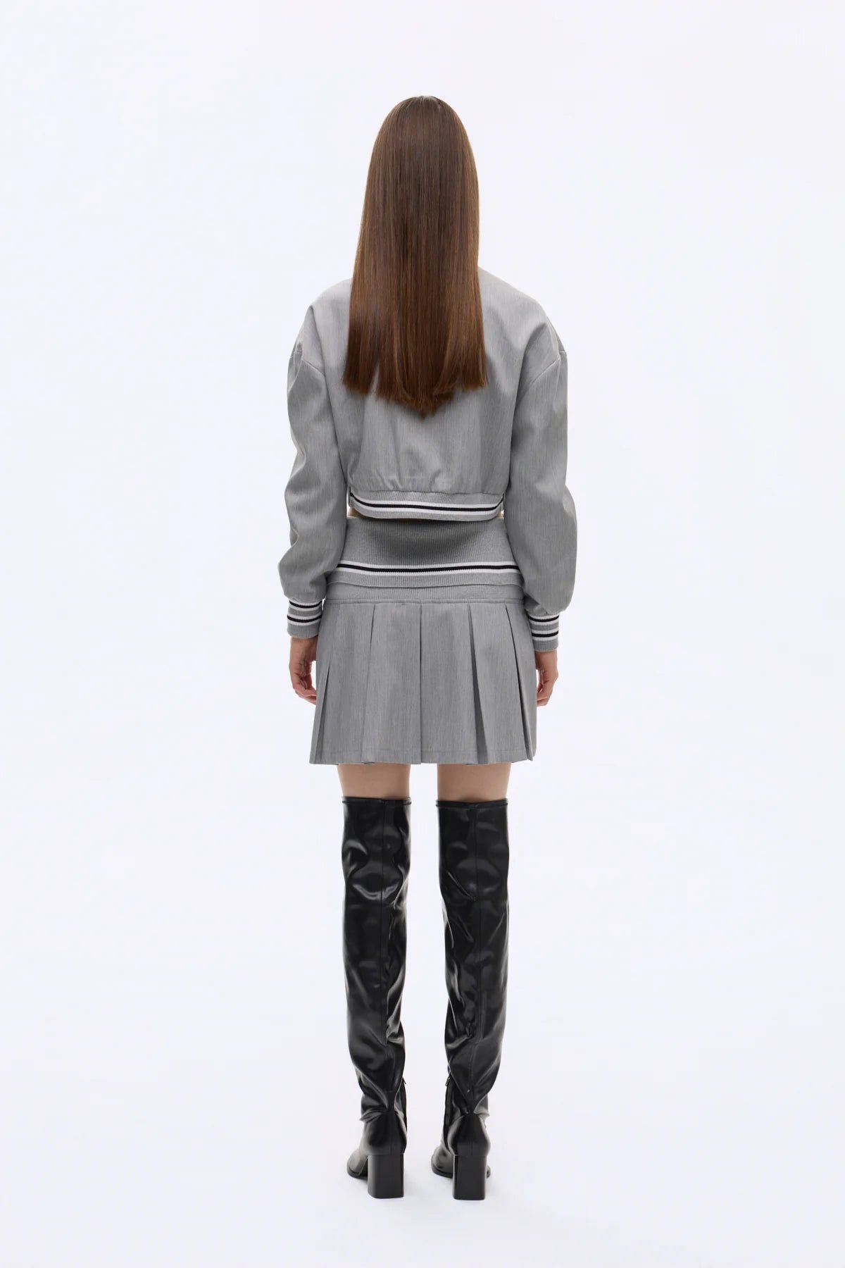 Waist Stripe Patterned Ribbed Pleated Mini Skirt Gray